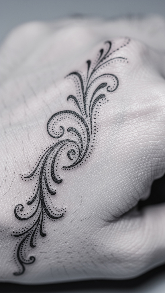Feines Dotwork-Ornament auf dem Handrücken