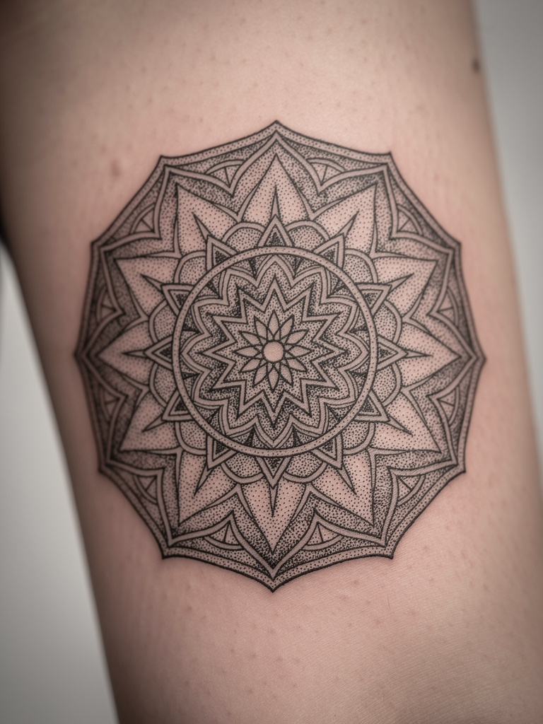 Mandala-Dotwork am Oberschenkel